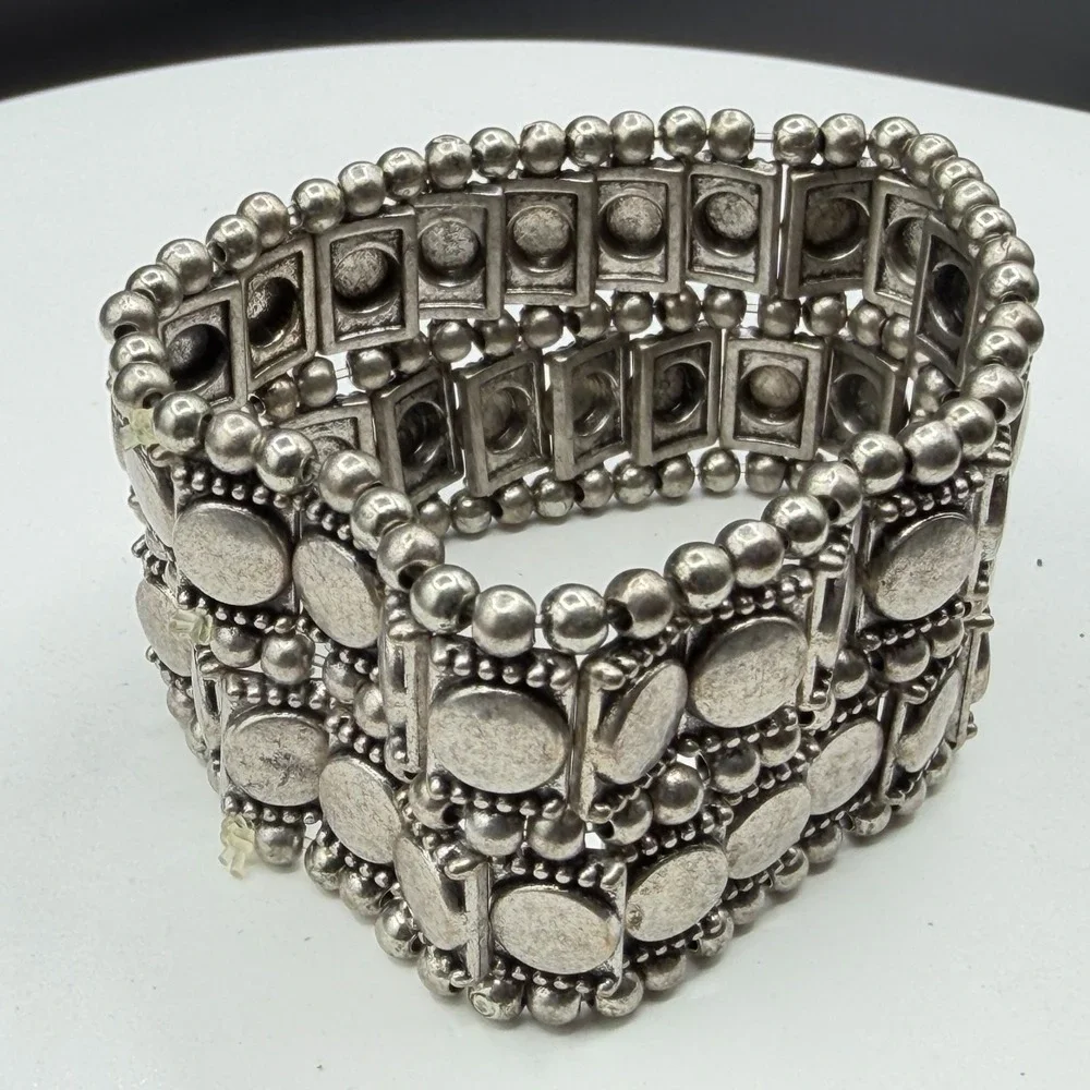 Silver Tone Chunky Stretch Bracelet Geometric Coin Bead Boho Statement Jewelry